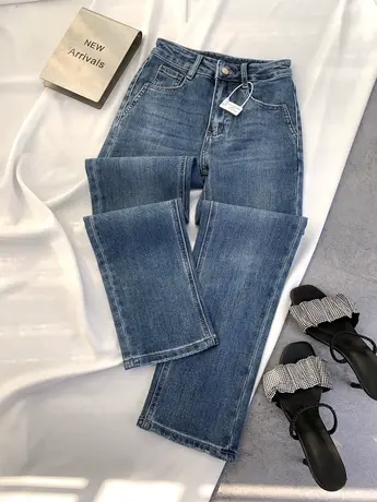 水洗磨白弹力高腰牛仔小直筒裤女代嘉儿同款显瘦百搭窄脚九分裤商品大图