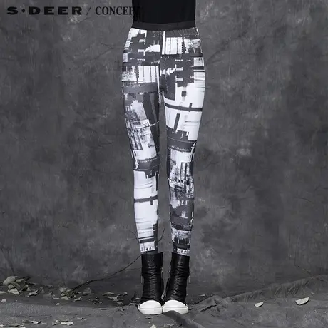 sdeer圣迪奥女装冬装抽象文艺印染打底弹力长裤S15480841商品大图