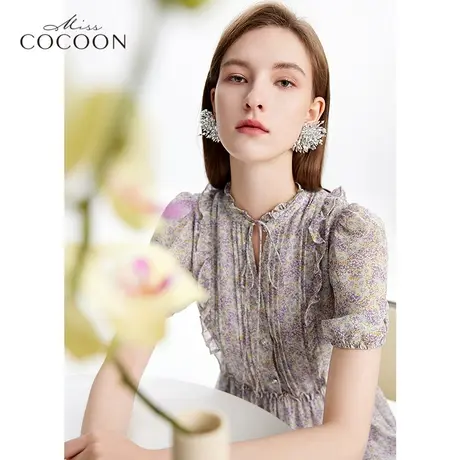 miss COCOON碎花连衣裙女2023夏季新款复古法式中长款泡泡袖裙子图片