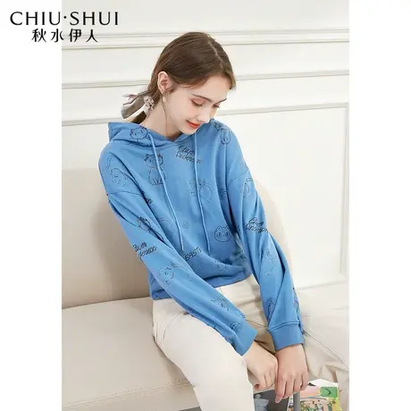 秋水伊人蓝色印花卫衣秋装2021年新款女宽松慵懒大英联名连帽卫衣商品大图