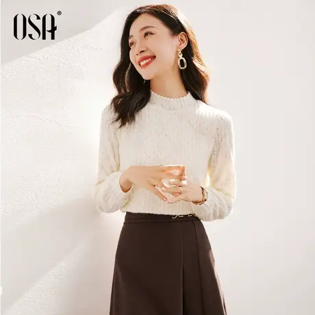 OSA欧莎白色加绒加厚半高领蕾丝内搭打底衫上衣女秋冬2022年新款商品大图