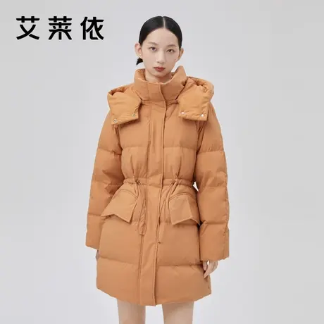 艾莱依羽绒服女新款中长款时尚收腰鸭绒冬季连帽廓形鸭绒大衣外套商品大图