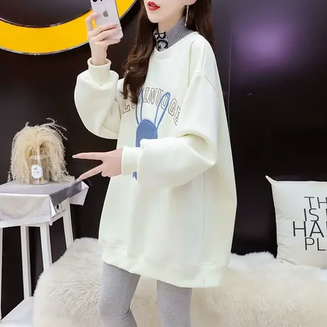 加绒加厚卫衣女中长款打底衫春季2024新款宽松休闲百搭慵懒风上衣商品大图