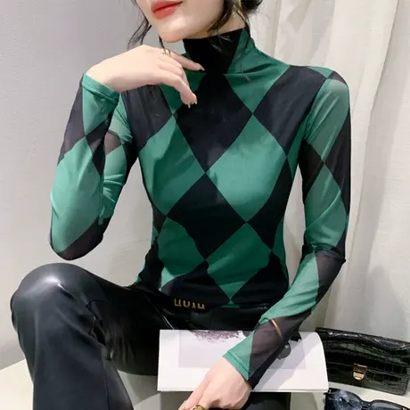 时尚性感网纱印花撞色长袖加绒套头洋气减龄内衣上衣女T恤打底衫图片