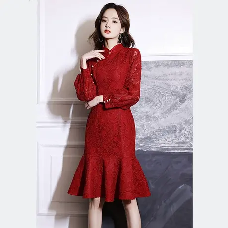 旗袍敬酒服新娘2023新款冬季蕾丝鱼尾酒红色礼服订婚连衣裙小个子商品大图