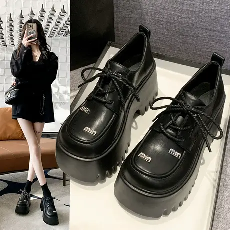 黑色乐福鞋女春款高跟鞋2024新款厚底单鞋小个子增高女鞋子小皮鞋图片