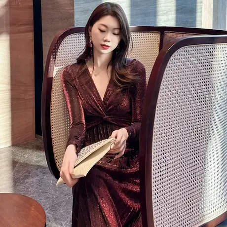 性感深V领晚宴年会晚礼服高级感轻奢气质优雅主持人礼服连衣裙女商品大图