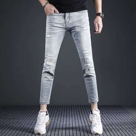 2024新款春夏九分牛仔裤男修身小脚裤破洞补丁浅蓝色痞帅男士裤子商品大图
