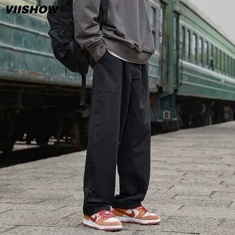 VIISHOW浅灰色工装裤子男2024春季新款潮牌阔腿宽松直筒休闲长裤商品大图