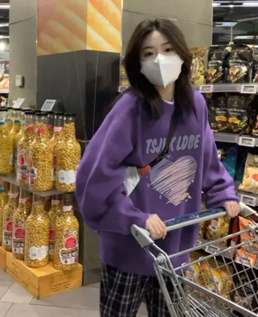 紫色高级感超好看圆领卫衣女秋冬加绒加厚无帽oversize国潮牌上衣图片