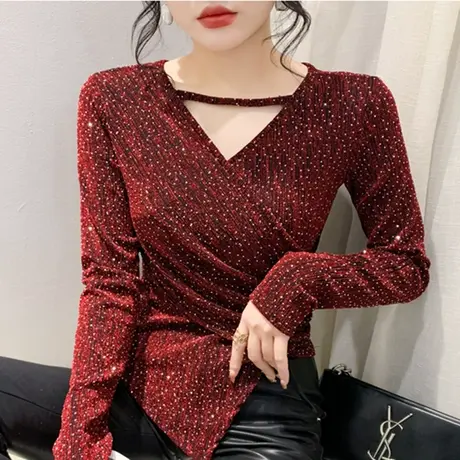 不规则下摆T恤烫钻性感交叉镂空V领收腰显瘦气质上衣女长袖打底衫图片