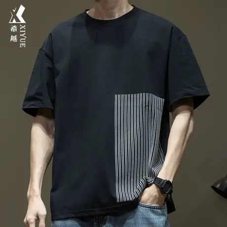 希越夏季凉感冰丝短袖男2024新款宽松圆领打底T恤男士刺绣上衣服商品大图