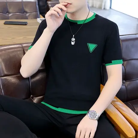 针织冰麻男士T恤夏季新款ins风运动潮流休闲时尚中学生短袖打底衫商品大图