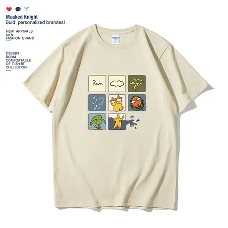 夏季潮牌趣味卡通天气印花短袖t恤男纯棉宽松休闲圆领情侣装体恤商品大图