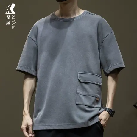 希越水洗炒盐短袖T恤男2024春夏宽松大码休闲男士打底衫美式体恤商品大图