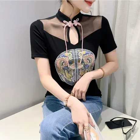 高级感复古盘扣上衣女短袖时尚镂空新中式刺绣T恤立领修身打底衫商品大图