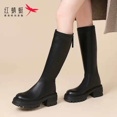 红蜻蜓高跟显瘦靴子女长筒靴2023新款高筒骑士靴瘦瘦皮靴长靴冬季商品大图