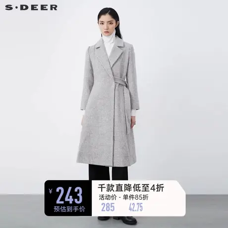 sdeer圣迪奥秋冬休闲翻领条纹拼接毛呢长款通勤大衣女S20481814图片