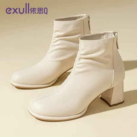 exull/依思Q2023年秋冬季粗跟短筒纯色女靴复古风港版女子时装靴图片