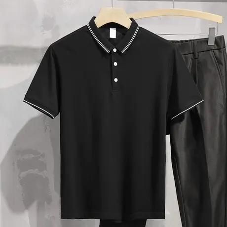 翻领polo衫男士短袖t恤夏季有领半袖纯色黑色上衣服冰丝凉感体恤图片