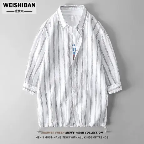 2023年设计感抽绳宽松亚麻衬衫男港风ins七分袖条纹宽松衬衣外套商品大图