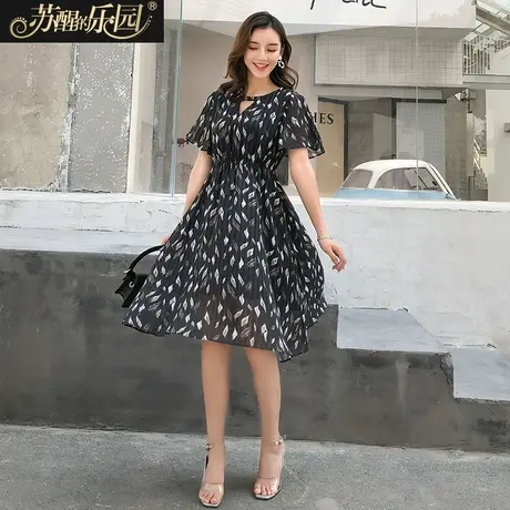 碎花连衣裙新款女夏季韩版收腰显瘦气质优雅黑底印花V领裙子图片