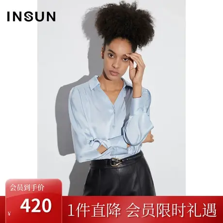 恩裳COVER2023年春款新款光滑醋酸双面缎衬衣V领收褶叠搭袖子衬衫图片