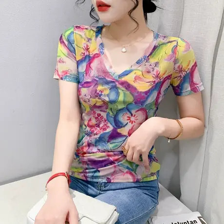 气质女装性感网纱T恤短袖设计感小众时尚印花上衣紧身显瘦V领小衫图片