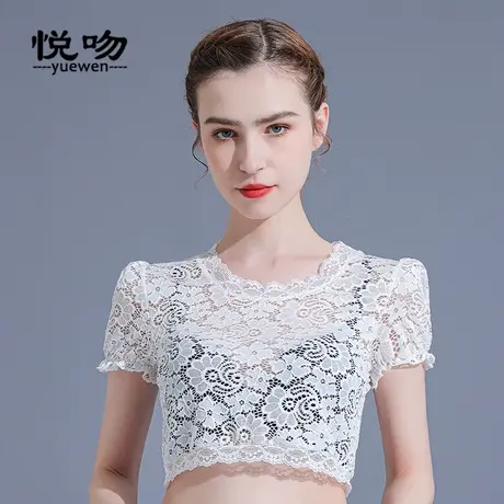 半截蕾丝打底衫女内搭洋气泡泡袖半身别致上衣夏薄款短袖圆领罩衫商品大图