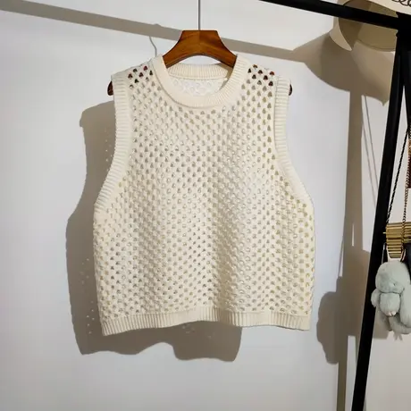 镂空针织马甲背心女春秋新款宽松圆领叠穿无袖坎肩气质上衣外穿潮商品大图