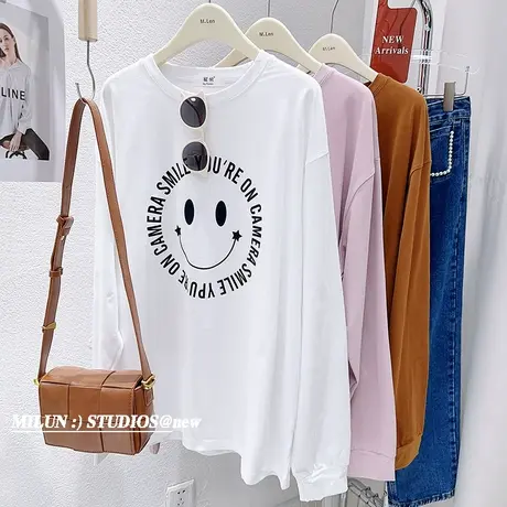 韩国东大门长袖上衣2023春秋新款ins字母笑脸港风慵懒休闲磨毛T恤商品大图