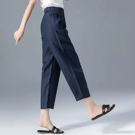 藏青色亚麻女裤夏季薄款2023新款休闲九分萝卜哈伦裤棉麻裤子女夏商品大图