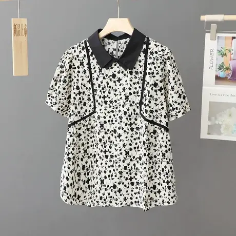 2023夏季新款小花翻领套头衬衫女短袖别致上衣宽松洋气衬衣小衫女图片