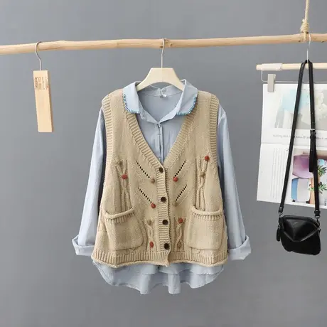 短款宽松V领针织开衫马甲女无袖早春新款大码毛坎肩毛衣毛线背心X图片