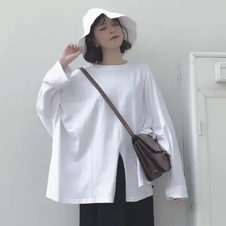 白色长袖t恤女秋天韩版宽松大码女装网红同款不规则开叉上衣服潮商品大图