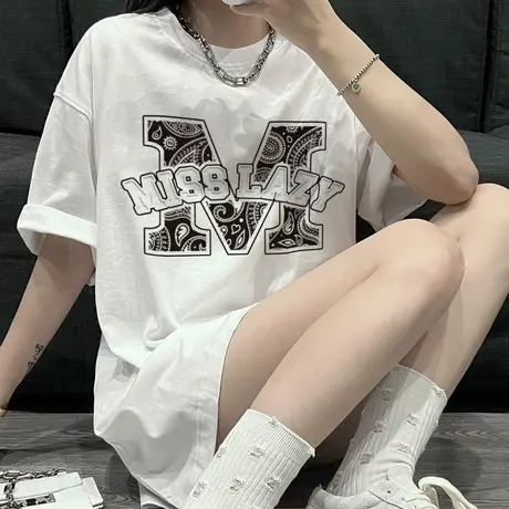 美式复古纯棉正肩短袖t恤女2023宽松潮牌ins设计感小众半袖上衣服商品大图