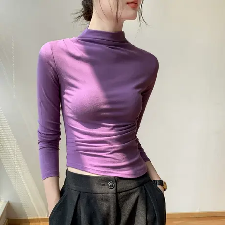 半高领长袖T恤女2023早秋新品设计感小众不规则下摆西装内搭上衣商品大图