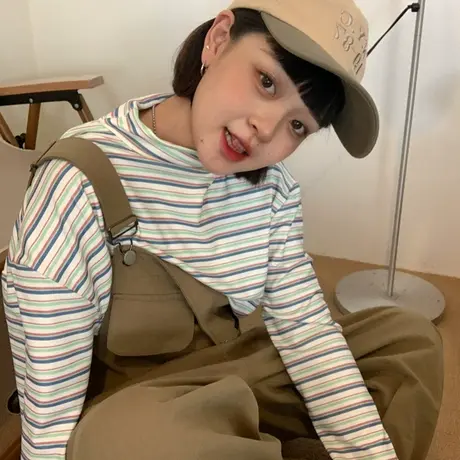 红续2023秋装新款小个子韩版条纹长袖T恤女半高领宽松打底衫ins潮图片