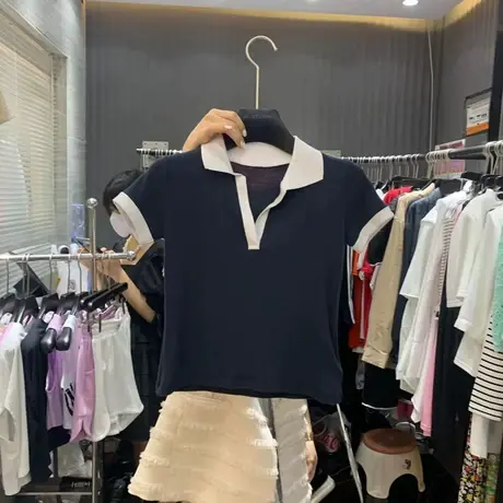 短袖t恤女2021夏季新款韩版ins潮时尚撞色翻领修身显瘦百搭上衣服图片