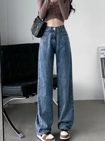 清仓捡漏复古直筒牛仔裤女高腰宽松春秋高街阔腿垂感百搭拖地裤商品大图
