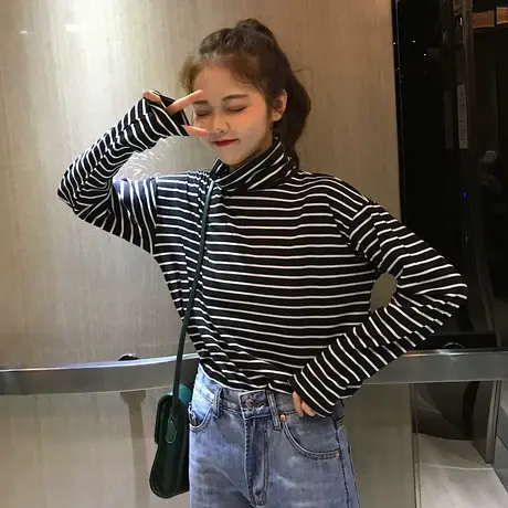 洋气条纹高领加厚加绒打底衫女长袖t恤内搭秋冬百搭德绒保暖上衣图片