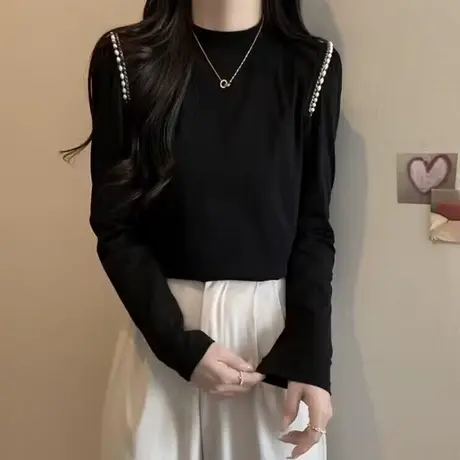 小众设计感长袖T恤女春秋季韩版显瘦修身打底衫德绒磨毛上衣体恤图片