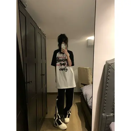 纯棉拼色插肩短袖t恤女夏季2023新款美式复古宽松设计感小众上衣图片