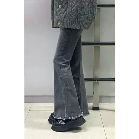 微喇叭牛仔裤女秋冬2023高腰宽松显瘦毛边复古美式高街直筒阔腿裤图片
