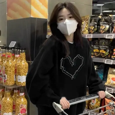 oversize设计感爱心卫衣女ins潮牌春秋季薄款宽松慵懒风长袖上衣图片