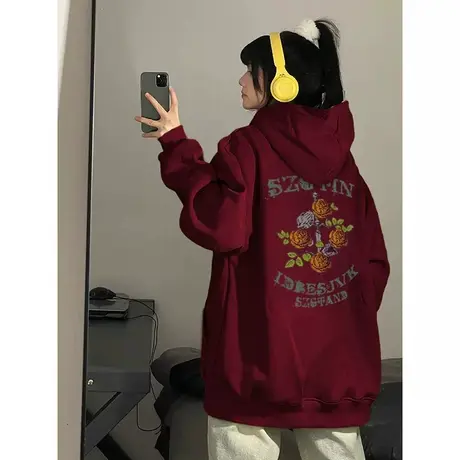 美式复古酒红色连帽卫衣女秋冬季加绒加厚ins潮牌设计感宽松外套图片