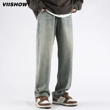 VIISHOW美式牛仔裤男款秋季水洗做旧长裤潮牌高街宽松直筒裤子商品大图