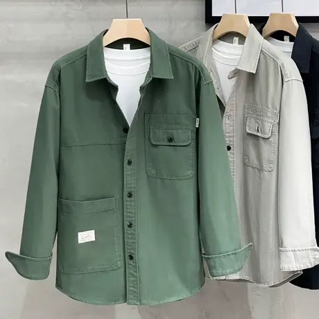 重磅纯棉工装衬衫男长袖秋季日系潮流休闲宽松男春秋厚衬衫男外套商品大图