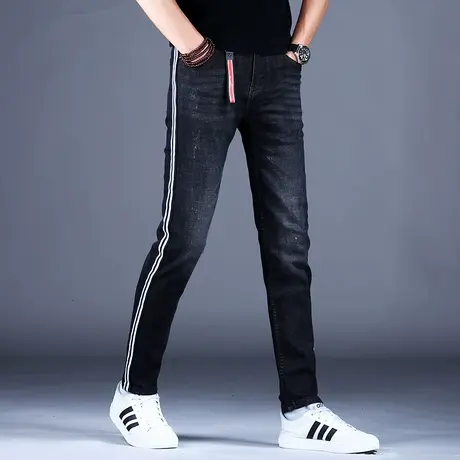 2023新款男士条纹弹力牛仔裤男款春秋黑色修身小脚裤子男百搭潮牌商品大图