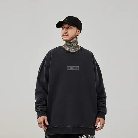 美式复古字母嘻哈大码圆领卫衣男装纯棉重磅水洗做旧高街早春秋季商品大图